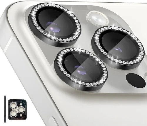 Vista 11 de Protector de lente de cámara para iPhone 15 Pro/15 Pro Max, protector de lente de anillo de cámara de vidrio templado individual con bandeja