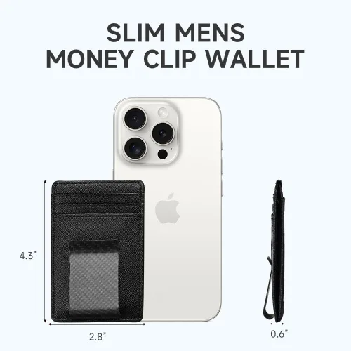 Vista 4 de Travelambo Clip para dinero para hombre, de piel, delgado, minimalista, con bloqueo RFID (tejido negro), Cros negros con clip mate, Minimalista