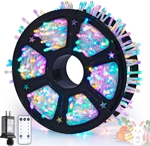 Vista 13 de JMEXSUSS 150 luces LED azules de Navidad para interiores y exteriores, luces de cadena conectables de 59 pies con enchufe, 8 modos de luces de hadas