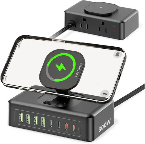 Vista 8 de Estación de carga USB de 200 W, regleta de alimentación USB C 11 en 1, 2 salidas AC y 8 puertos USB, cable de extensión de enchufe plano de 5 pies