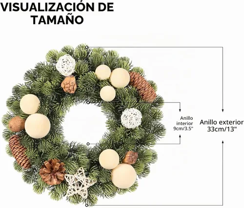 Vista 3 de Pequeña corona de Navidad, bola de terciopelo beige artificial de 13 pulgadas, mini coronas para decoración de Navidad de puerta delantera