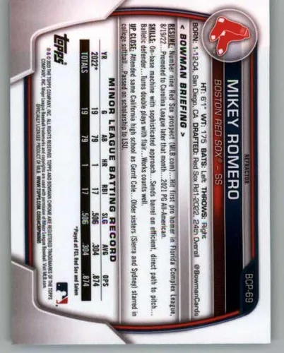 Vista 2 de 2023 Bowman Chrome Prospects Lunar Glow Refractor #BCP-69 Mikey Romero Boston Red Sox RC Rookie Baseball Trading Card