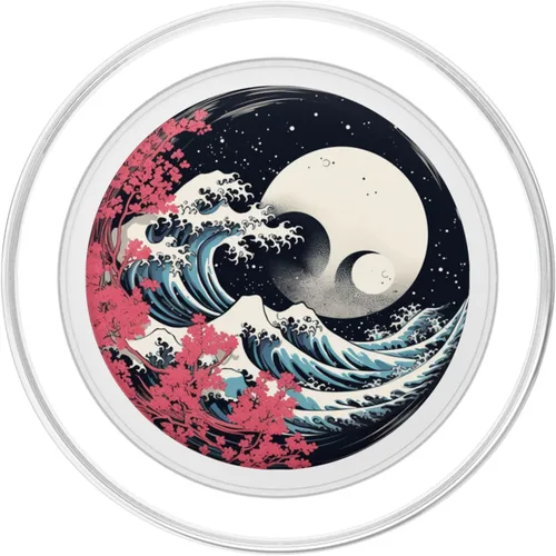 Vista 2 de Japón Cherry Blossom Yin Yang Bonsai Great Wave Moon Night PopSockets MagSafe PopGrip para iPhone