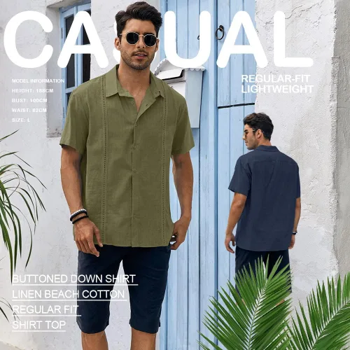 Vista 4 de Ryannology Guayabera - Camisas de lino de manga corta con botones para hombre, estilo casual, playa, campamento cubano, camisa mexicana para hombre