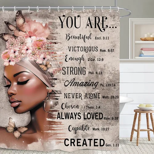 Vista 32 de Cortina de ducha inspiradora afroamericana de 60 pulgadas de ancho por 71 pulgadas de alto, con citas motivacionales positivas de la Biblia, tela