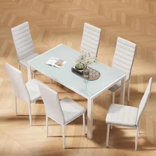 Vista 8 de Bealife - Juego de mesa de comedor de cocina para 6, vidrio templado Blanco