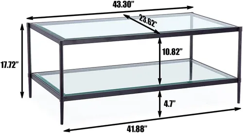 Vista 2 de Mesa de centro rectangular de cristal, mesa central de 2 niveles, mesa de café moderna para sala de estar, 43.3 x 23.62 pulgadas, color negro