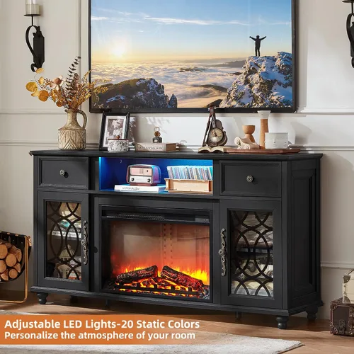 Vista 3 de Joaxswe - Soporte de TV estilo rústico con chimenea, centro de entretenimiento de 59 pulgadas con chimenea eléctrica y luces LED para televisores