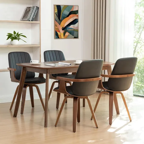 Vista 22 de WUPOTO Juego de 1 silla de comedor giratoria, silla de comedor moderna de mediados de siglo con artesanía de nogal, piel sintética tapizada, brazos