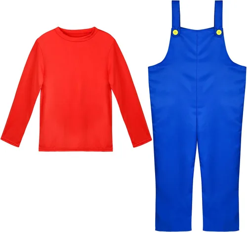 Vista 3 de Vermeyen Traje de fontanero para adultosniños con sombrero, guantes de bigote, accesorio para disfraz de Halloween o cosplay