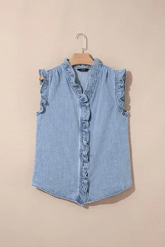 Vista 6 de Dokotoo Chaleco de mezclilla para mujer, casual, de verano, con botones, peplum, cuello en V, sin mangas, camisa de mezclilla
