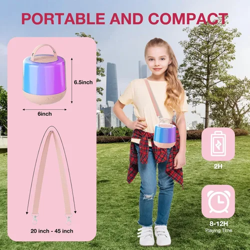 Vista 4 de Máquina de karaoke para niños, altavoz Bluetooth portátil con micrófono inalámbrico y luces LED, efectos de voz mágicos, para niñas, fiesta en casa