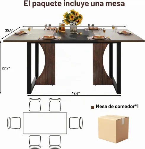 Vista 2 de Mesa de comedor grande de 70 pulgadas para 4, 5, 6 personas, mesa de comedor de cocina de granja con mesa de madera marrón, mesas de comedor