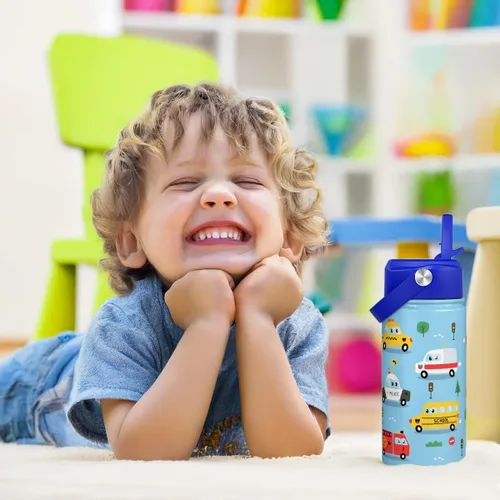 Vista 7 de Botella de agua para niños de 12 onzas con tapa con popote, paquete de 2 botellas de agua aisladas de acero inoxidable para niños y niños, taza