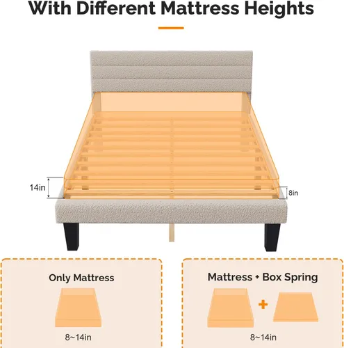 Vista 5 de VINGLI Base de cama individual para niños, cama de plataforma tapizada Boucle con cabecera ajustable, soporte de listones de madera resistente, cama