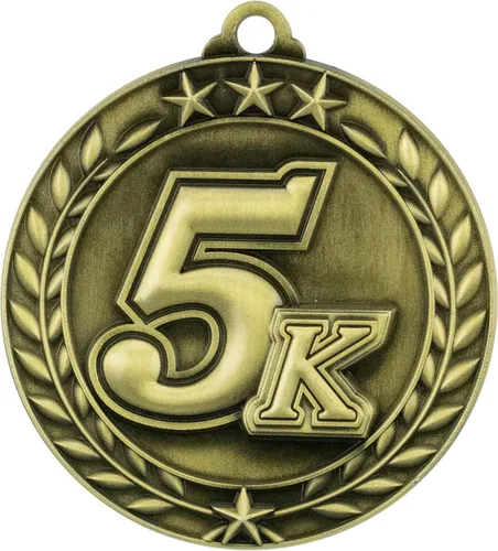 Vista 2 de Express Medals 5K Run Race Walk Premio trofeo de medallas de oro con cintas para el cuello WAMG-995 - (paquete de 10)
