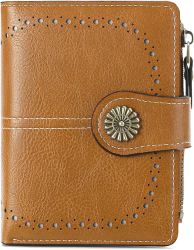 Vista 20 de Cartera pequeña para mujer, de piel, plegable, compacta, con bloqueo RFID, con bolsillo con cremallera para monedas, A01 Rojo Vino, Classic