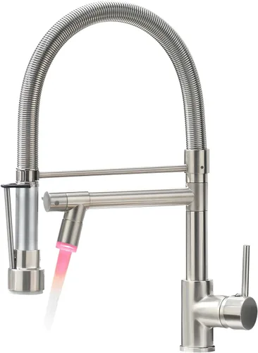 Vista 10 de Grifo de cocina extraíble con rociador, Fapully - Grifo de fregadero de cocina comercial negro primaveral con níquel cepillado