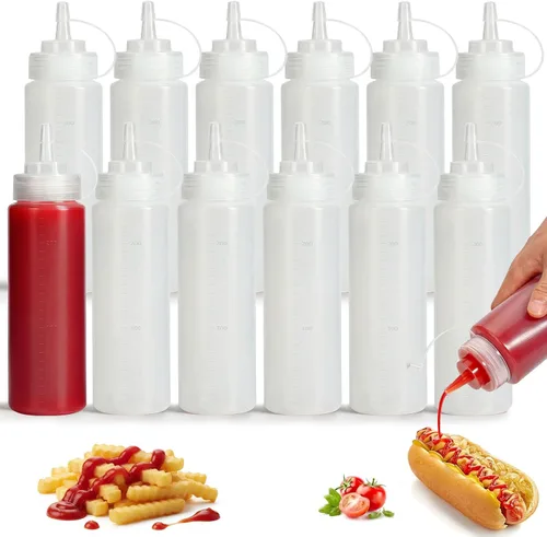Vista 10 de OAMCEG Botellas exprimibles de 8 onzas, paquete de 6 botellas de condimentos de plástico duradero, botella para chorro con medidas discretas
