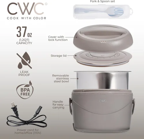 Vista 2 de COOK WITH COLOR Fiambrera redonda 40W, calentador de alimentos portátil, capacidad 1.1L, revestimiento de acero inoxidable, cabra/visón