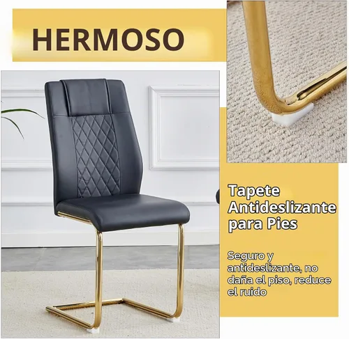 Vista 7 de Juego de Mesa de Comedor de Mármol para 4, Mesa Rectangular Negra de 63 Pulgadas con Marco de Metal Dorado en Forma de X y 4 Sillas de Comedor