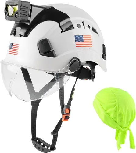 Vista 7 de GREEN DEVIL Casco de seguridad con luz recargable para faros delanteros y forro para casco, correa para barbilla, para hombre, ventilada