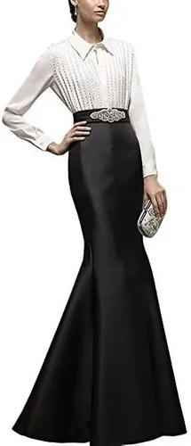 Vista 2 de Diandiai Falda larga de sirena de satén para fiesta de noche, falda de baile de graduación, vestido de mujer negro