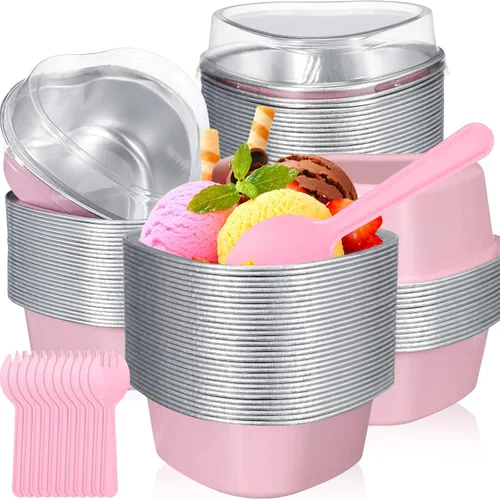 Vista 8 de Nuogo 30 juegos de mini moldes para tartas de corazón con tapas y cucharas de 1.86 onzas / 1.9 fl oz Mini papel de aluminio en forma de corazón Rosa