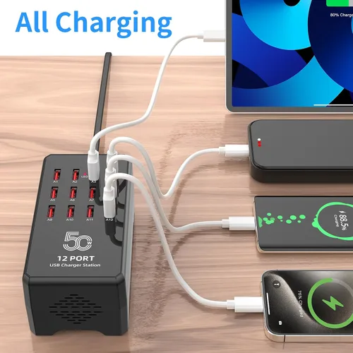 Vista 2 de Estación de carga USB de 50 W y 12 puertos para múltiples dispositivos, concentrador de carga USB portátil compatible con iPhone, Android, tableta