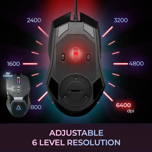 Vista 4 de Adesso iMouse X5 USB RGB iluminado para juegos - 7 botones, peso ajustable, interruptor DPI de 6 niveles hasta 6400, sensor óptico, diseño