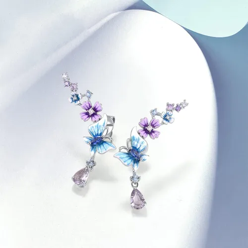 Vista 4 de Santuzza Pendientes de plata de ley 925 con flores esmaltadas y gemas