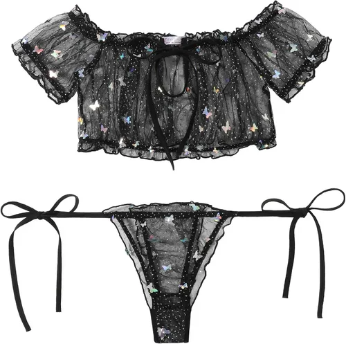 Vista 98 de Avidlove - Conjunto de brasier y braga con volantes, conjunto de lencería tipo babydoll de malla