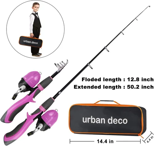 Vista 4 de Urban Deco Juego de caña de pescar para niños, portátil, telescópica, caña, carrete y kit combinado con caja de aparejos para principiantes, niños