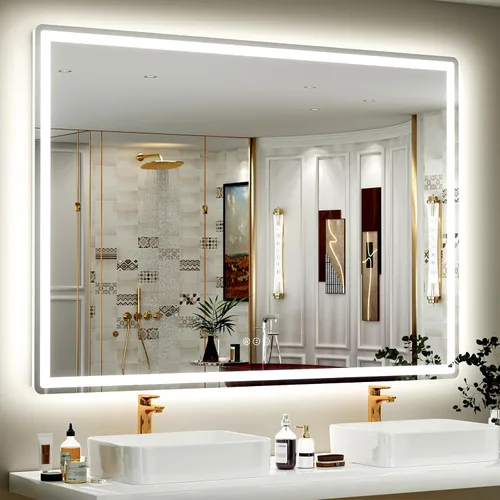 Vista 26 de SMIROR Espejo de baño LED con luces de 22" x 30", espejo de tocador rectangular redondeado iluminado para pared, iluminado frontal y retroiluminado