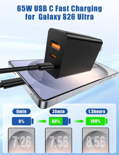 Vista 2 de Susnwere - Cargador de pared USB C de 85 W para Samsung S26 Ultra, 3 puertos de 100 W PD rápida 3.0 tipo C carga con cable USB C de 3/6/10/10 pies