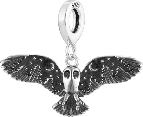 Vista 2 de Cuentas góticas de plata de ley 925 con dije de búho y bosque para Pandora y pulseras o collares similares Plata Sin gemas