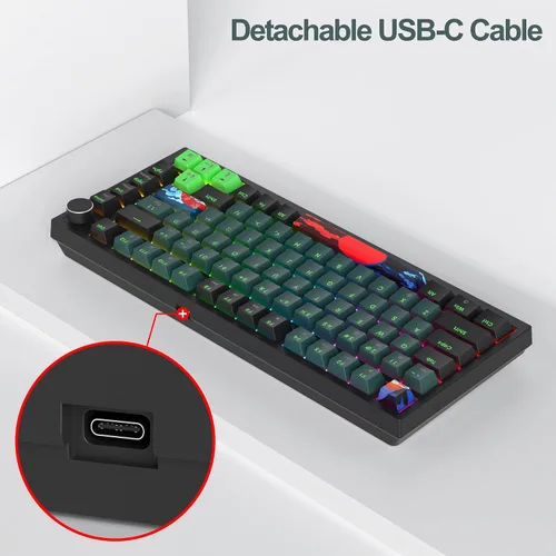 Vista 6 de Fogruaden Teclado mecánico con cable al 75% intercambiable en caliente, interruptor rojo, retroiluminación RGB, teclado mecánico TKL de 82 teclas