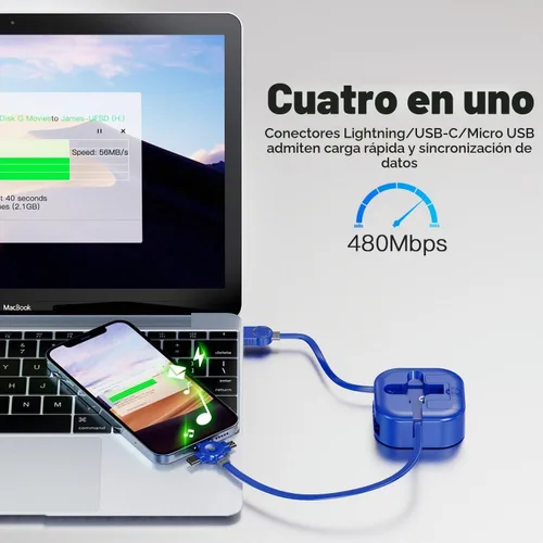 Vista 3 de Cable de Carga Múltiple de 4.5A, 4 Pies/Paquete de 2 Cargadores Múltiples para Todos los Dispositivos Cable Retráctil 3 en 1 para Automóvil Cable