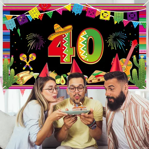 Vista 5 de Cartel de feliz cumpleaños 40 para hombres y mujeres, suministros de fiesta de cumpleaños mexicano de 40 años, póster de fondo para cabina de fotos