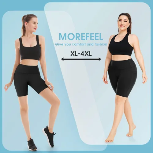 Vista 24 de MOREFEEL Pantalones cortos de ciclismo de talla grande de 8 pulgadas con bolsillos para mujer, cintura alta, control de abdomen, pantalones cortos