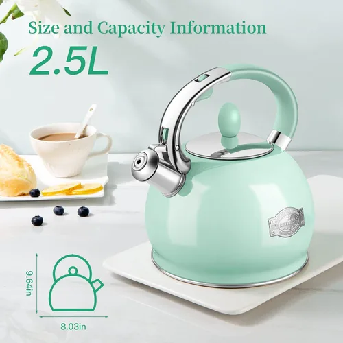 Vista 5 de RETTBERG Teteras de té, teteras silbantes de inducción de 2.64 cuartos de galón, teteras de acero inoxidable de grado alimenticio con mango de tacto