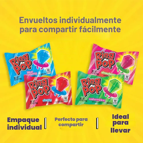 Vista 5 de Ring Pop Lollipops - Caramelos a granel envueltos individualmente Paquete de fiesta, 20 unidades con sabores surtidos, caramelos duros