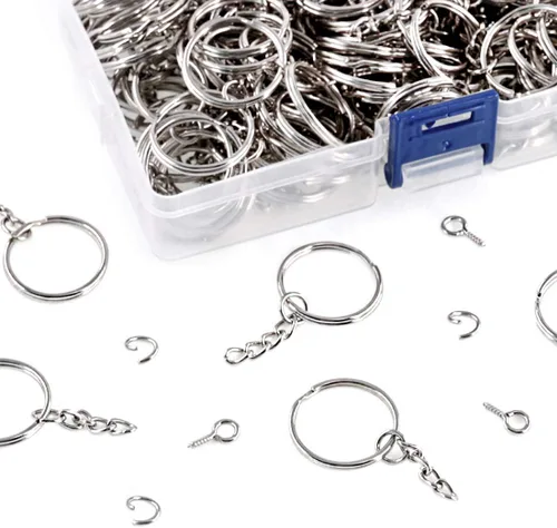 Vista 7 de Swpeet Juego de 450 llaveros plateados de 1 pulgada y 0.984 in, incluye 150 anillos de llavero con cadena y 150 anillos de salto con 150 pines