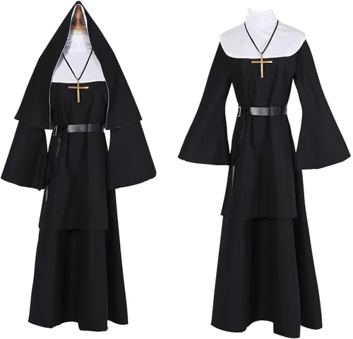 Vista 4 de CR ROLECOS The Nun Costume Plus Size Scary Nun Outfit Priest Halloween Costume Black