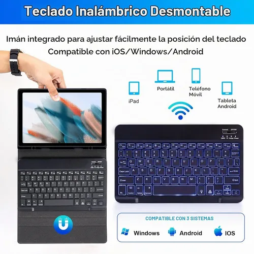 Vista 4 de LAMA Funda con teclado retroiluminado de 7 colores con mouse para Samsung Galaxy Tab A8 de 10.5 pulgadas, funda de teclado inalámbrico con soporte