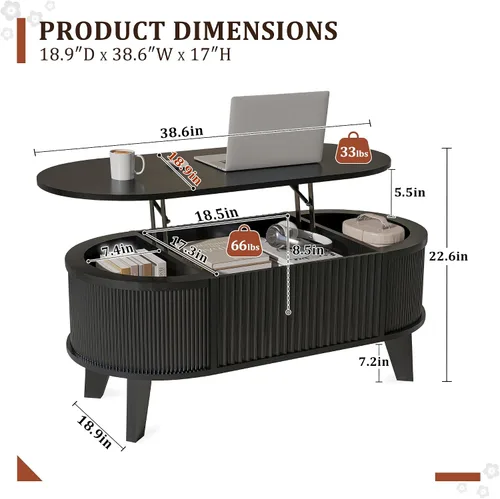 Vista 2 de LYNCOHOME - Mesa de centro con tapa abatible y almacenamiento, mesa de café ovalada moderna para sala de estar u oficina en casa (Negro)