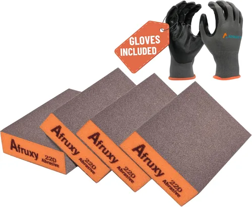Vista 8 de Esponja de lijado, grano 60/80/120/220, paquete de 4 con guantes protectores, bloque de lijado de grano medio fino grueso, bloques de lijado secos
