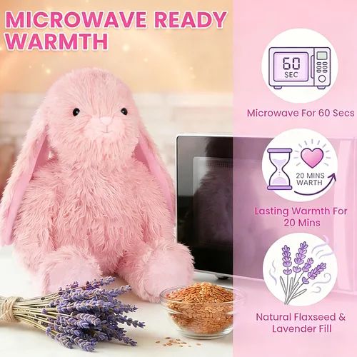 Vista 2 de SuzziPals Almohadilla térmica de conejo rosa calentable y refrigerable para calmar y relajar, peluche de conejo rosa lavanda para molestias