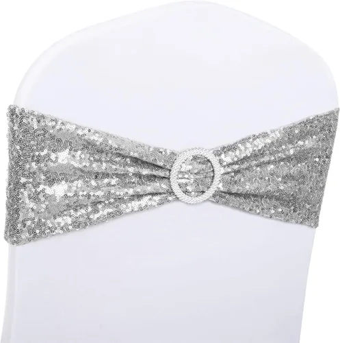 Vista 10 de Paquete de 50 bandas de lentejuelas color azul polvoriento para sillas de boda, lazos para fiestas, banquetes de cumpleaños, aniversario, eventos al