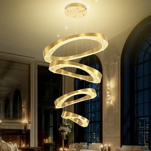 Vista 10 de Flashing God Lámpara de Araña Grande para Techo Alto, Lámpara de Araña de Cristal Moderna de 5 Anillos para Entrada, Accesorios de Iluminación